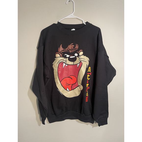 VTG 90s Taz Looney Tunes Big Face Attitude Crewneck Sweatshirt Size 2XL Black - Picture 1 of 9